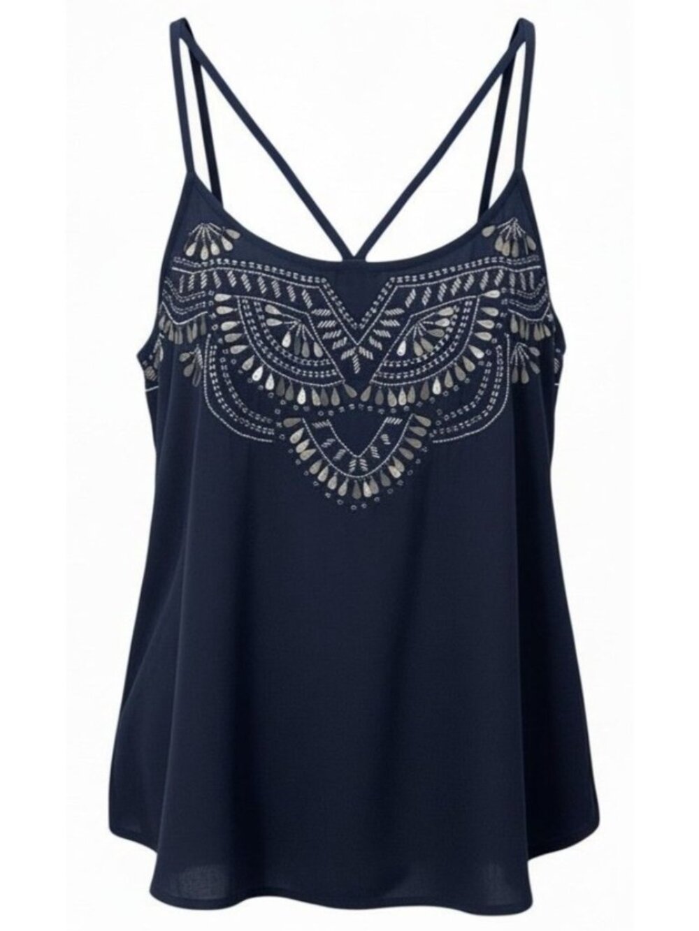 Womens Spaghetti Strap Tank Top Women Sz XS Abercrombie & Fitch Navy Beaded Boho - Picture 1 of 16